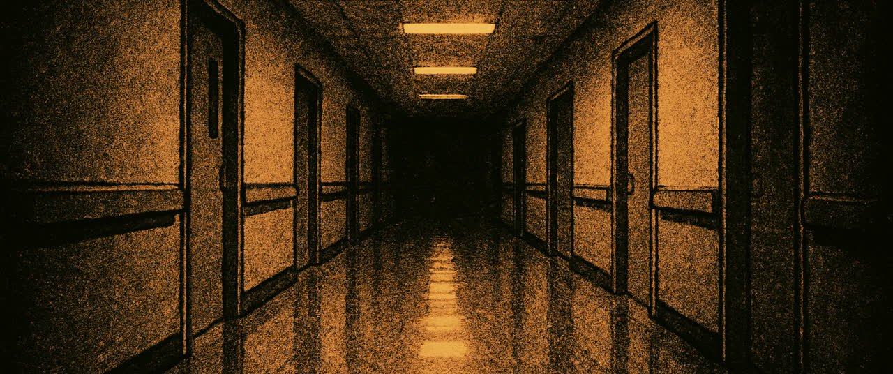 Reconstruction frame A2: Slow forward push down an empty hospital corridor at night, waxed floor reflecting fluores