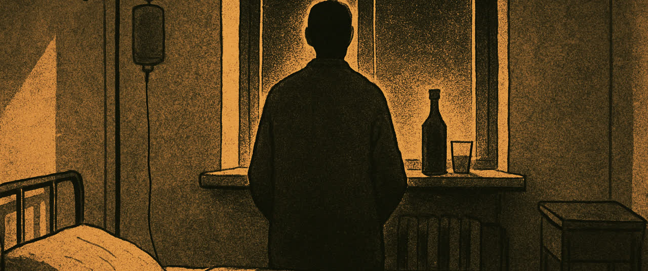 Reconstruction frame A3: Small bare hospital room at night, a man seen only as a dark silhouette from behind standi