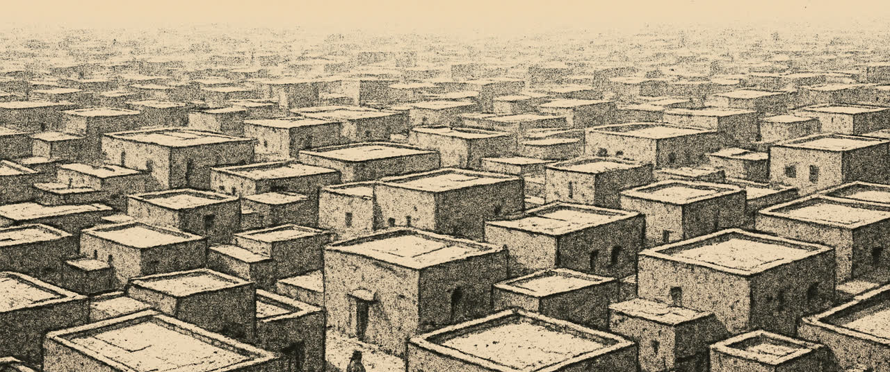 Reconstruction frame B1: Vast dense low-rise city seen from high above at midday, flat roofs to the horizon, dust h