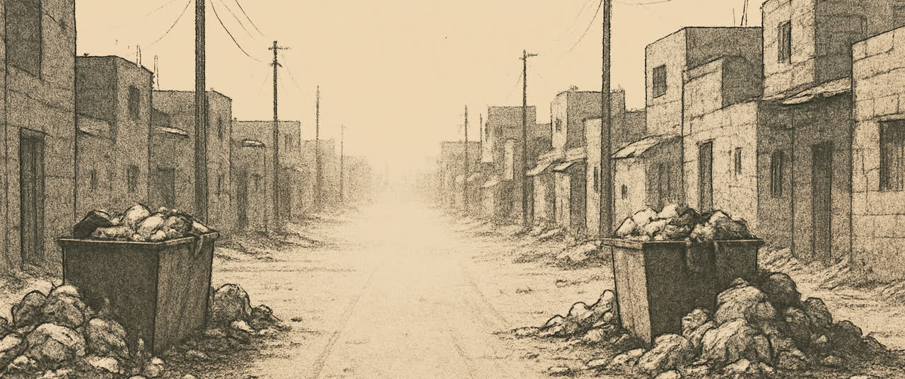 Reconstruction frame B2: Empty wide dirt-edged street in a poor dense neighbourhood at midday, heat shimmer, concre