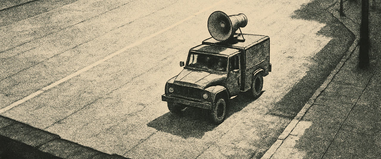 Reconstruction frame B3: Military vehicle with a large loudspeaker horn rig mounted on its roof, parked small in a 
