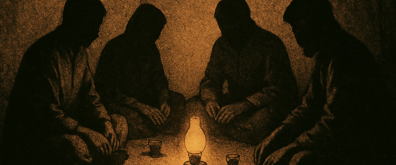 Reconstruction frame C1: Bare interior room at night lit by a single low lamp, four seated figures reduced to shoul