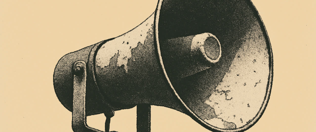 Reconstruction frame C2: Extreme close on a metal loudspeaker horn against a blank white sky, paint chipped, held s