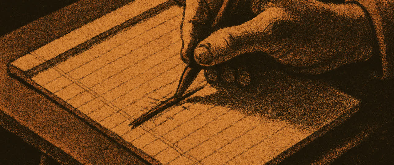 Reconstruction frame C3: Close overhead on a yellow legal pad on a folding table at night, a hand with a pen drawin
