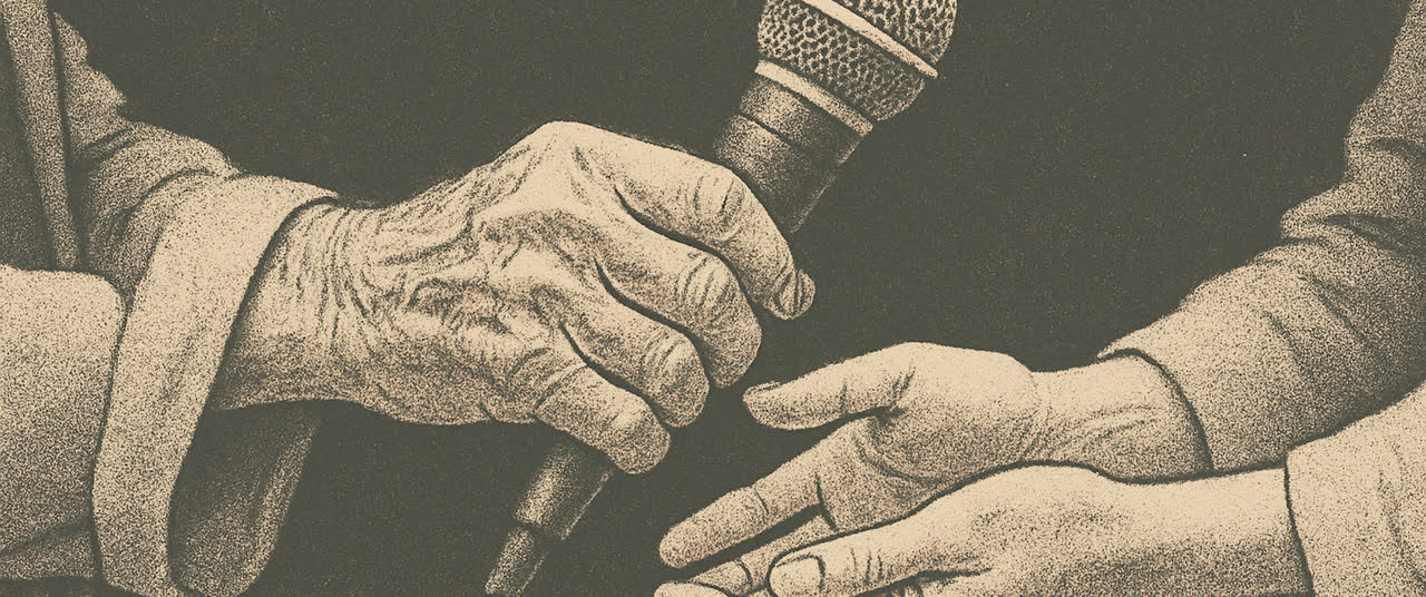Reconstruction frame C4: Older man's weathered hands taking a handheld microphone from another pair of hands, close