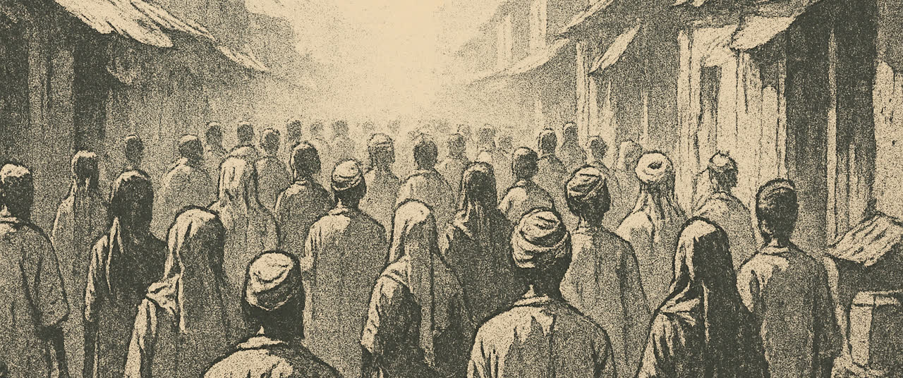 Reconstruction frame C5: Wide shot of a crowded poor street, thirty or forty figures at middle distance all turning