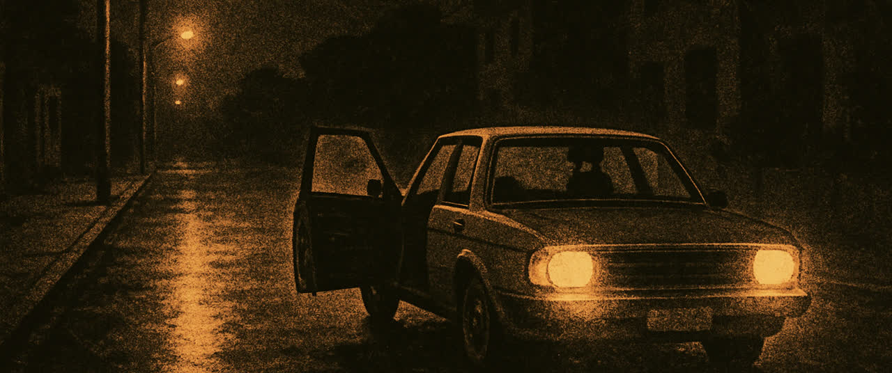 Reconstruction frame D1: Empty night street, a parked car with a driver door standing open, headlights on, nobody i
