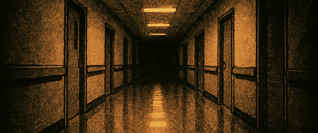 Reconstruction frame D3: Reverse of A2 — slow backward retreat down the same empty hospital corridor at night.