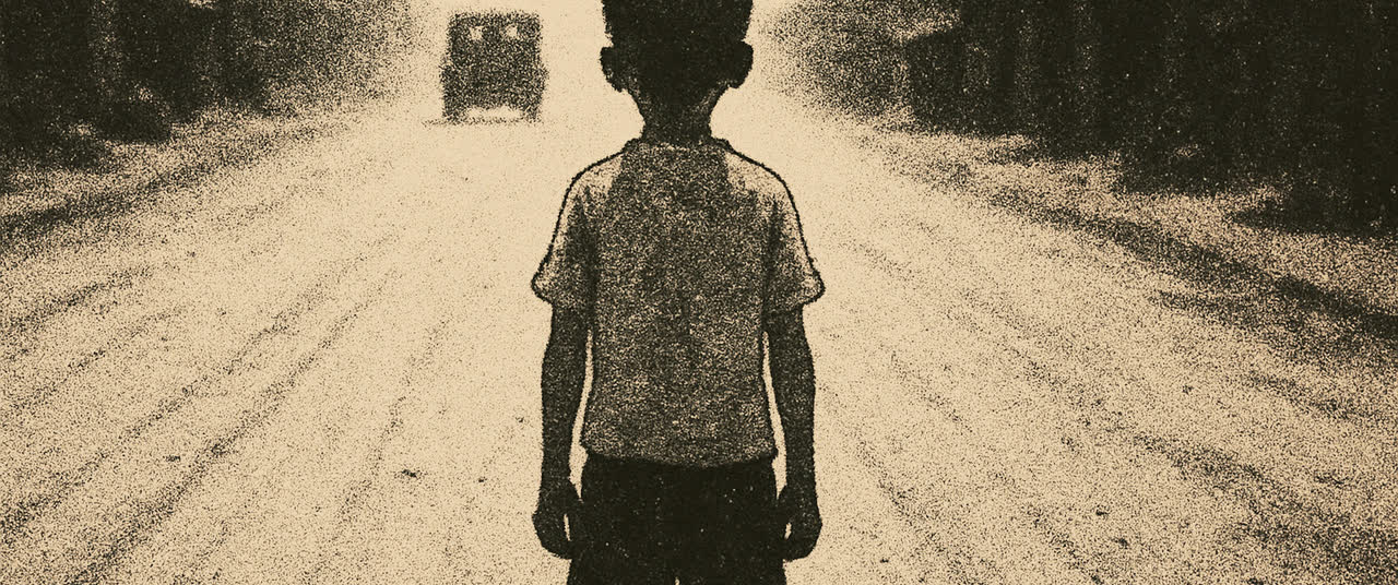 Reconstruction frame E1: A boy of about nine standing alone in the middle of a wide dusty street, seen from behind,