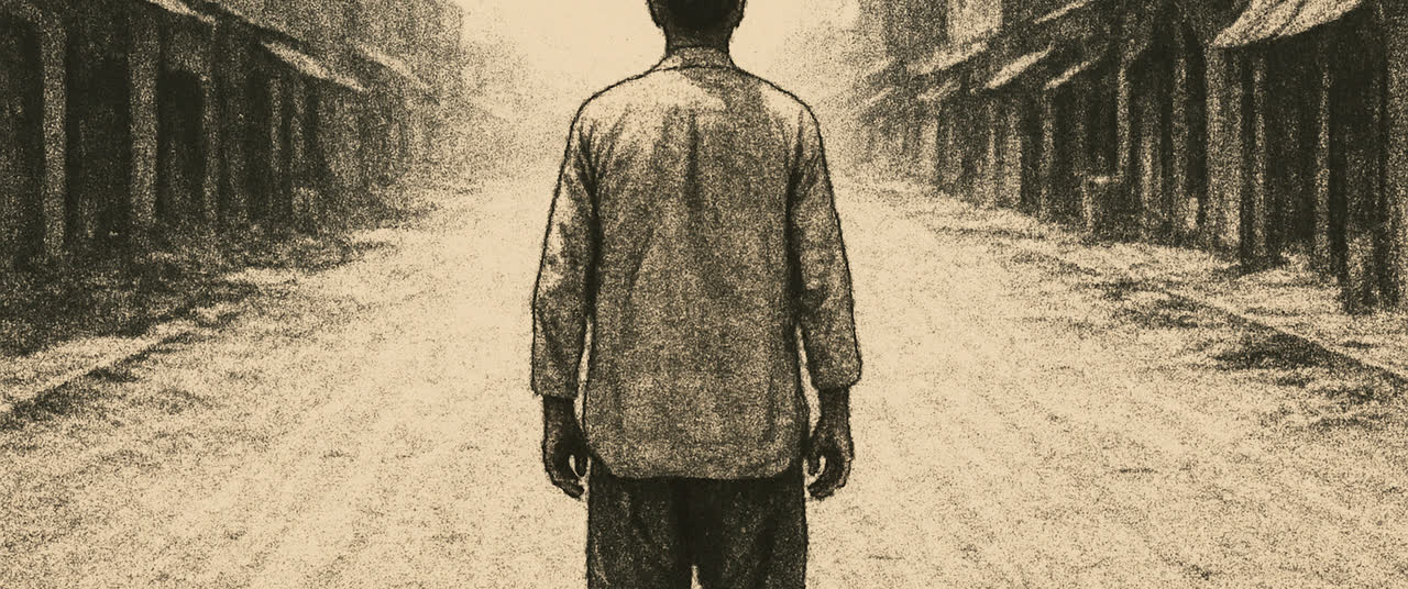 Reconstruction frame E2: A grown man standing alone in the middle of the same wide dusty street, seen from behind i
