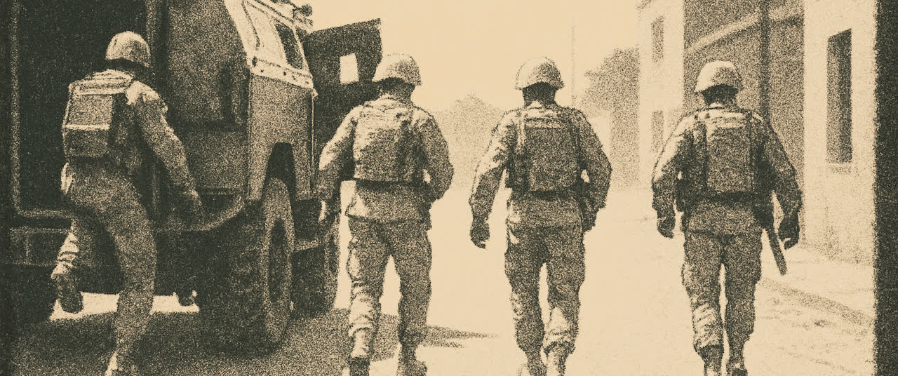 Reconstruction frame P1: Four soldiers in dusty desert uniform dismounting from an armoured vehicle onto a resident