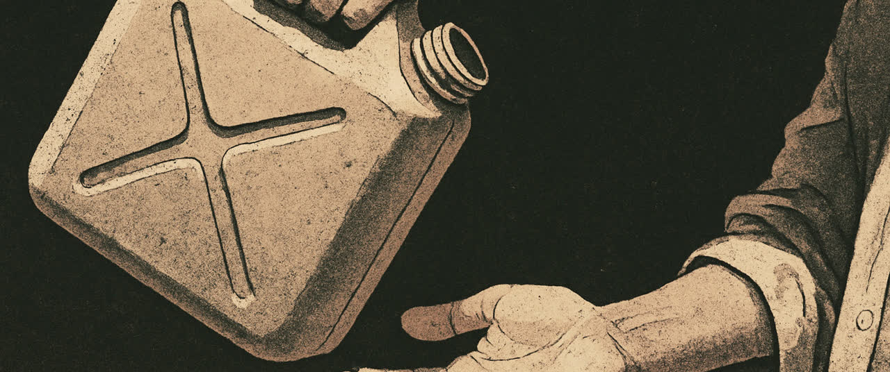 Reconstruction frame P2: Close on a plastic jerry can being tipped over an open palm at midday, nothing coming out 