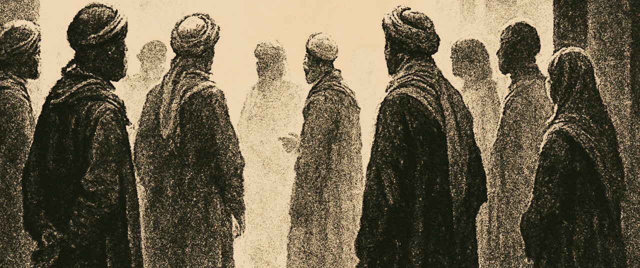 Reconstruction frame P3: A loose crowd of eight or nine figures standing in a narrow street at midday talking to so