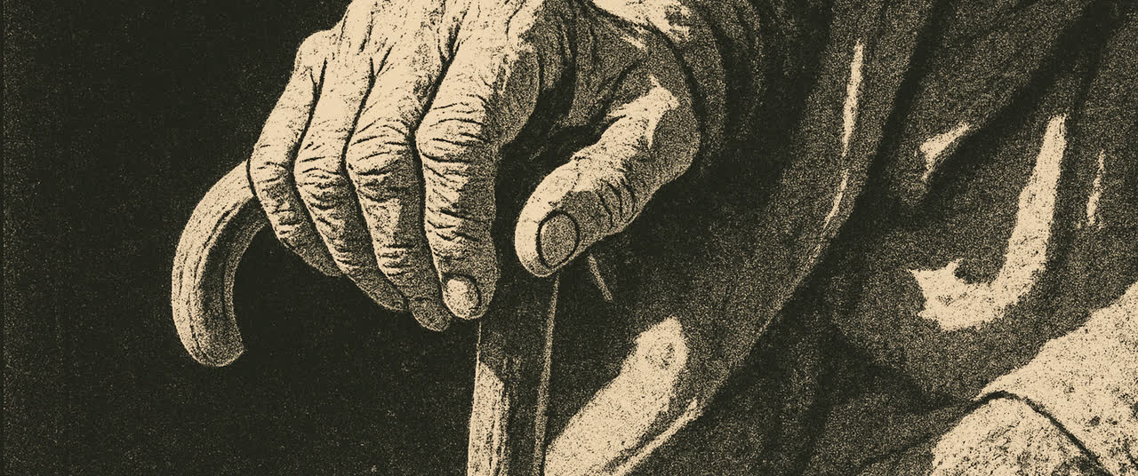 Reconstruction frame P4: Close on an elderly weathered hand resting on a walking cane in bright daylight, deeply li