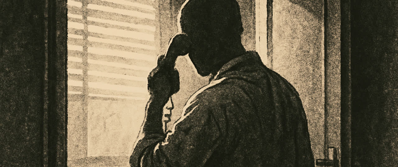 Reconstruction frame P5: A telephone handset held to an unseen shoulder in a dim office doorway, harsh slatted wind
