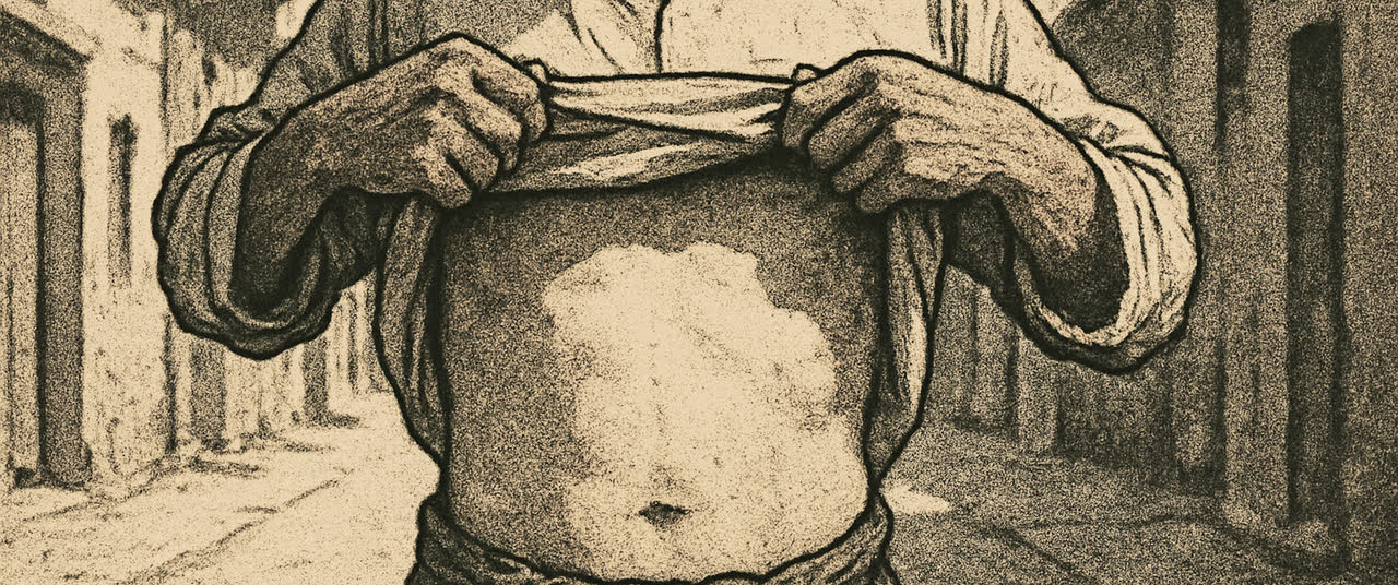 Reconstruction frame P7: A man lifting the hem of his shirt in a bright street, torso and hands only, head above th