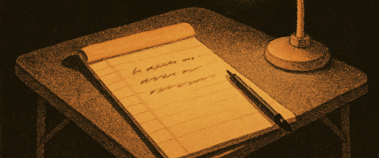 Reconstruction frame P8: Overhead on a yellow legal pad on a folding table lit by one lamp at night, four short lin