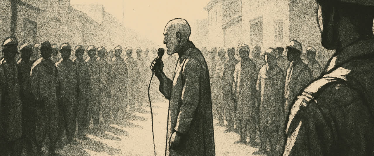 Reconstruction frame P9: Wide street at midday, a crowd of figures at middle distance turned toward an old man hold