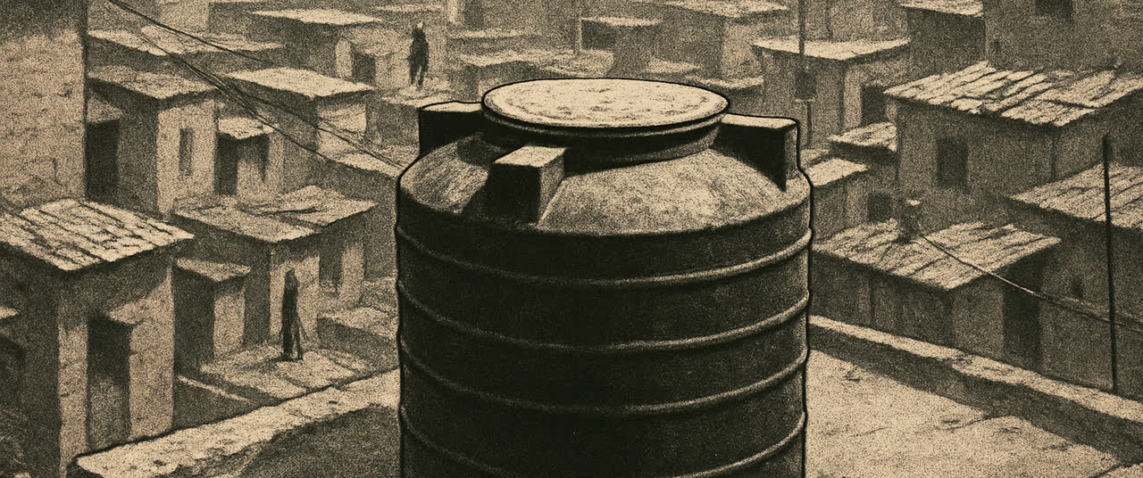 Reconstruction frame W1: Empty black plastic water tank on a low roof in a poor dense neighbourhood, midday, bone-d