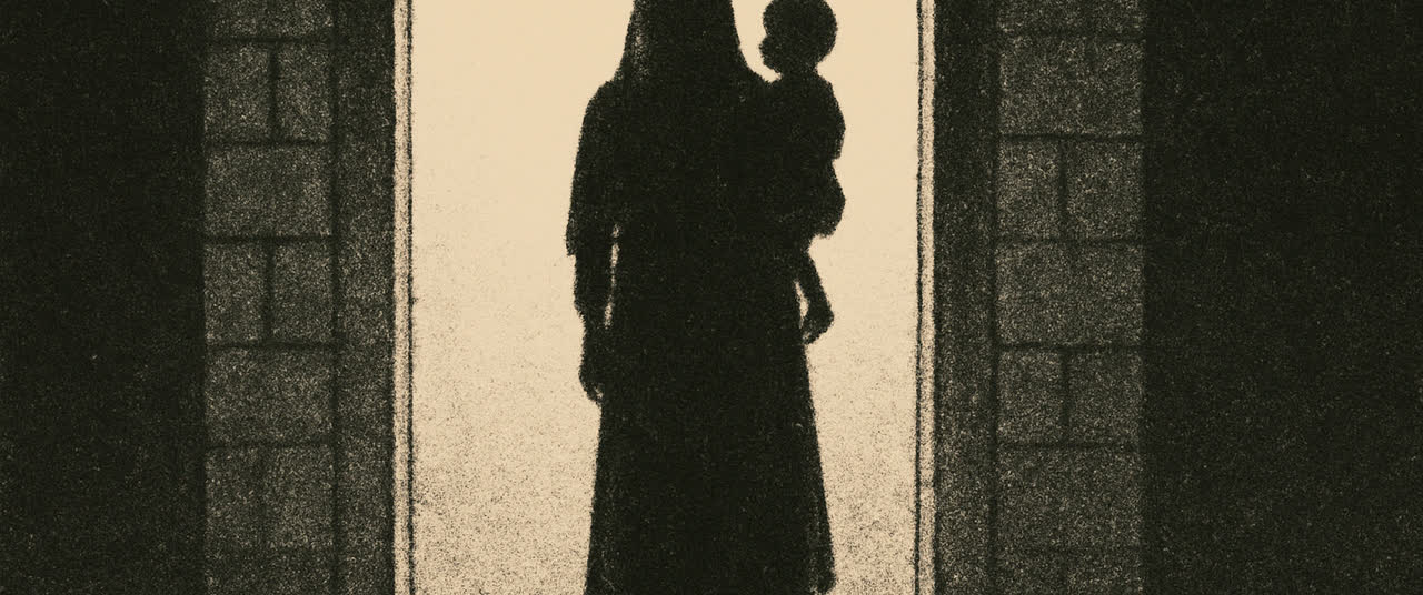 Reconstruction frame W2: A woman standing in a doorway holding a small child, both seen at distance in shadow, the 