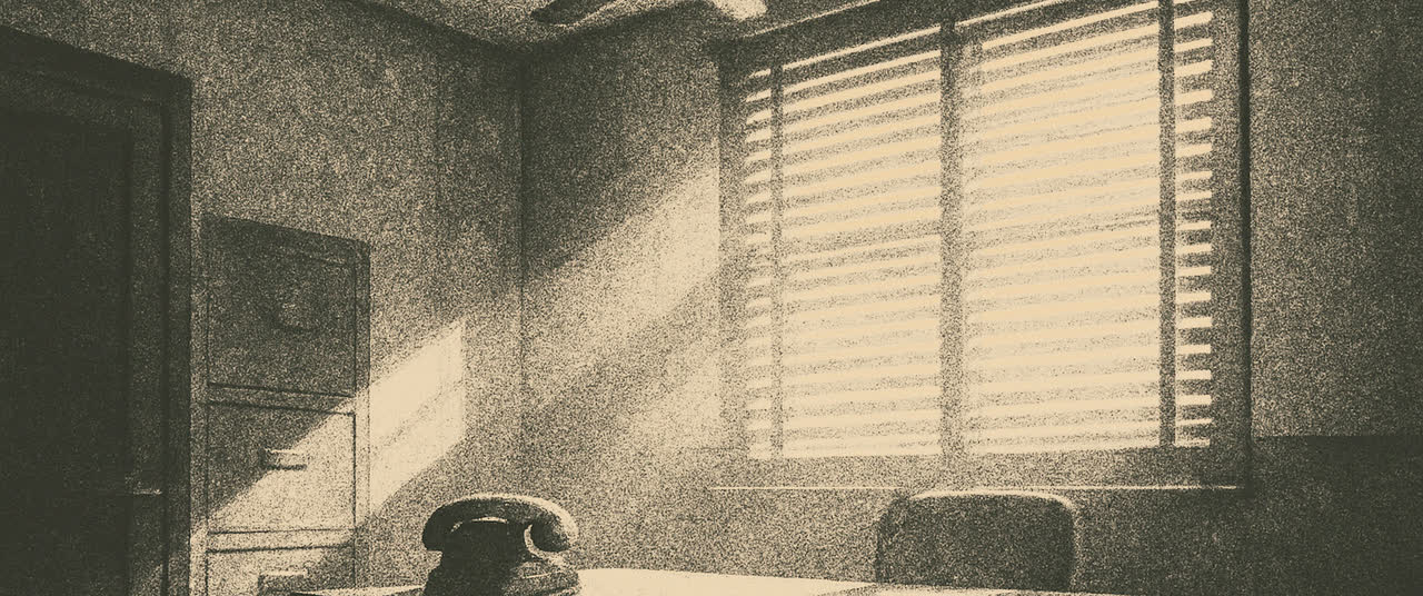 Reconstruction frame W3: Cool interior government office with a ceiling fan turning slowly, an empty desk, a teleph