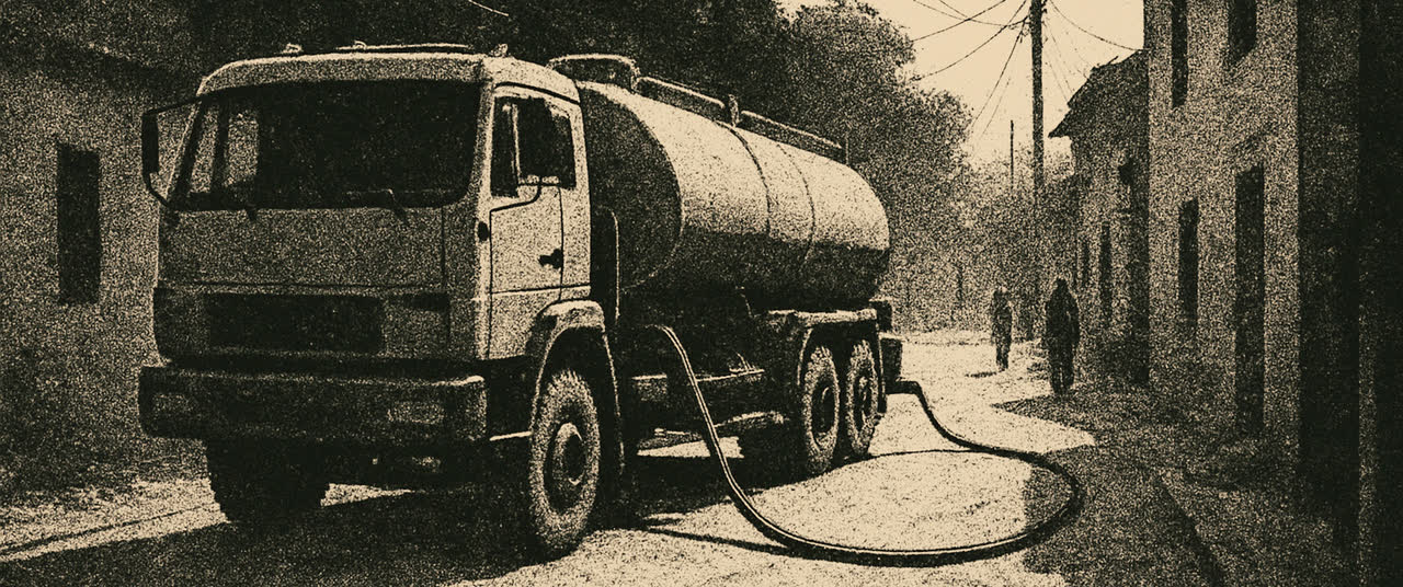 Reconstruction frame W4: A large water tanker truck arriving on a narrow residential street at midday, hose being r