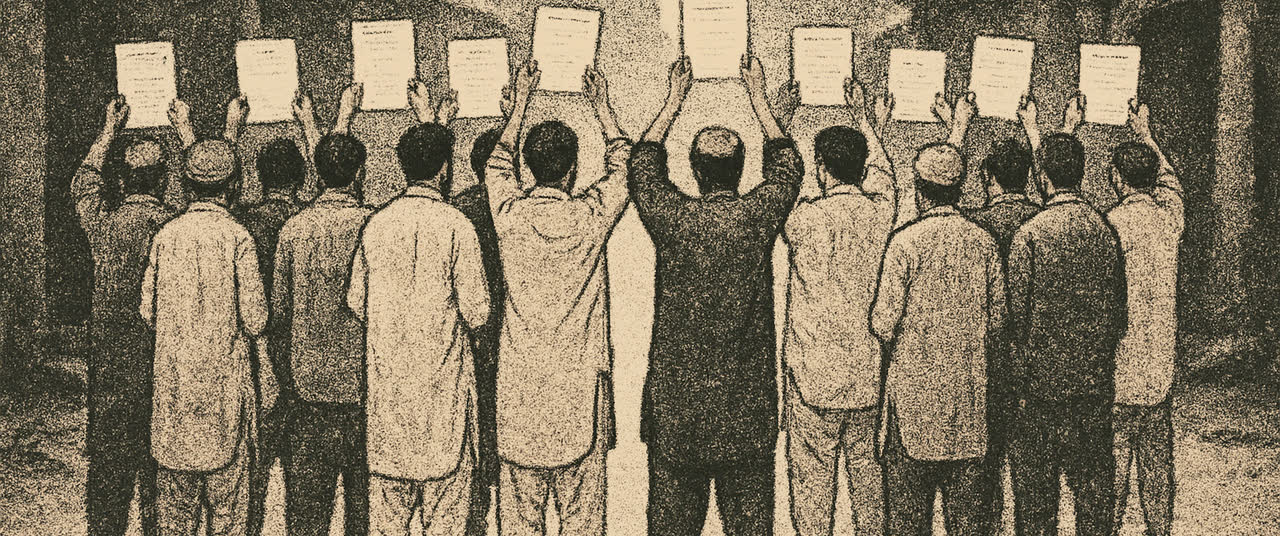 Reconstruction frame W5: A group of a dozen men standing together in a street holding printed forms in their hands,